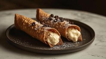 Pair of cannoli placed on a small plate, with filling oozing slightly from the ends, photorealistic food photo