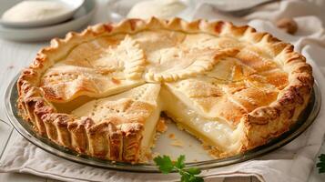 Pie with smooth top layer, fluted crust, and a slice removed, photorealistic food photo