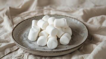 Pile of cylindrical, white marshmallows on a ceramic plate, on a plain tablecloth, gastronomy photography photo
