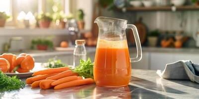 Pitcher of cold-pressed carrot juice on a kitchen island, surrounded by fresh carrots and carrot sticks, photorealistic food photo