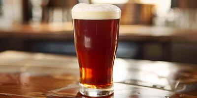 Pint glass filled with amber-colored craft beer, topped with a foamy white head, photorealistic food photo