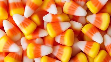 Pile of candy corn pieces, neatly stacked to display the distinctive color gradient of each candy, gastronomy photography photo