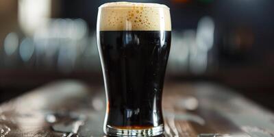 Pint glass of dark stout beer topped with creamy foam, gastronomy photography photo