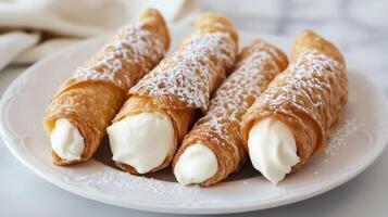 An arrangement of cannoli on a white plate, showcasing the crispy shell and smooth filling, gastronomy photography photo