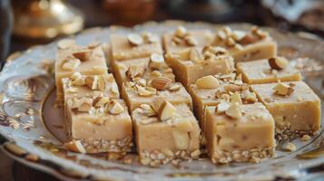 Array of halva pieces on a plate, emphasizing dense structure and nut distribution, gastronomy photography photo