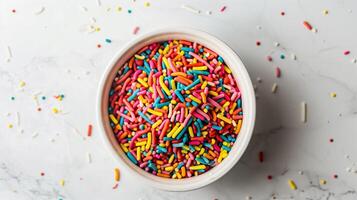 An overhead view of a bowl containing rainbow jimmies, centered on a white surface, gastronomy photography photo