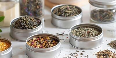 An open tin of loose leaf tea, showing the contents and label, on a white kitchen counter, gastronomy photography photo