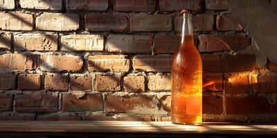 Apple cider in a clear bottle, displayed in front of a brick wall, with a soft shadow cast behind, gastronomy photography photo