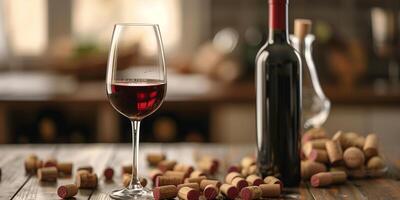 An opened red wine bottle next to a filled glass and some wine corks on a table, photorealistic food photo