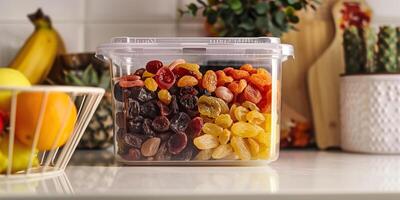 Assorted dried fruits in a clear container on a white countertop, gastronomy photography photo