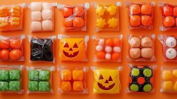 Assorted Halloween candy packs arranged neatly, featuring festive wrappers and various shapes, gastronomy photography photo