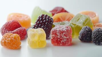Assortment of fruit chew candies randomly arranged on a solid surface, showcasing different colors and textures, photorealistic food photo