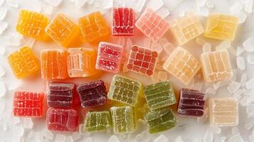 Assortment of fruit chew candies randomly arranged on a solid surface, showcasing different colors and textures, gastronomy photography photo