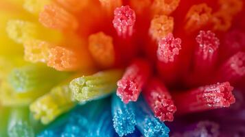 Close-up of a handful of rainbow jimmies arranged in a circular pattern, food setting photo