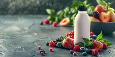 Container of yogurt drink with a screw cap, positioned next to a bowl of fruit, meal photography photo