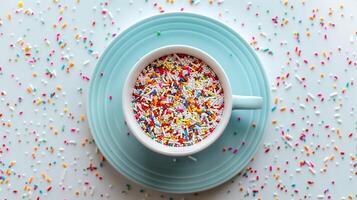 Cup filled with a vibrant array of tiny sprinkles positioned near a matching saucer, food setting photo