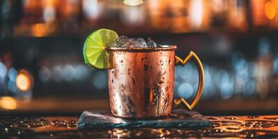 Copper mug with chilled drink and lime wedge garnish, food setting photo