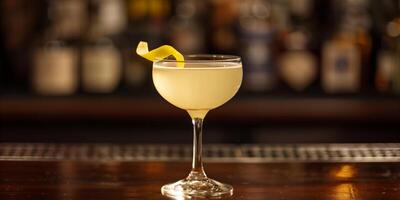 Coupe glass with pale yellow liquid and lemon peel garnish on rim, food setting photo