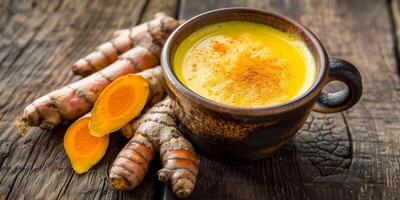Cup of yellow liquid with frothy top on wooden table next to turmeric roots, meal photography photo