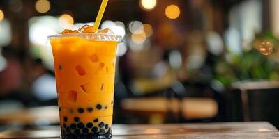 Cup of orange liquid with large black pearls at the base, with a straw inserted, food setting photo