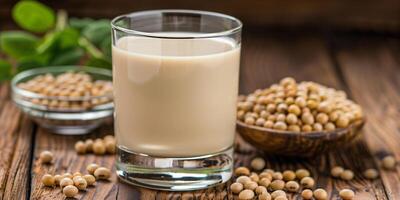 Glass of soy milk placed on a wooden table next to a small bowl of soybeans, meal photography photo