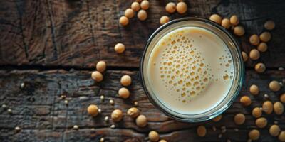 Glass of soy milk with soybeans scattered on rustic wooden surface, food setting photo