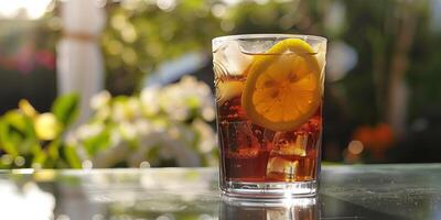Glass of unsweetened iced tea with lemon slices floating, set on a glass table outdoors, meal photography photo