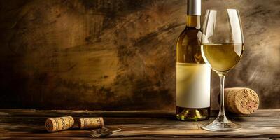 Glass of white wine, positioned next to an uncorked bottle and a cork, meal photography photo
