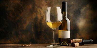 Glass of white wine, positioned next to an uncorked bottle and a cork, food setting photo