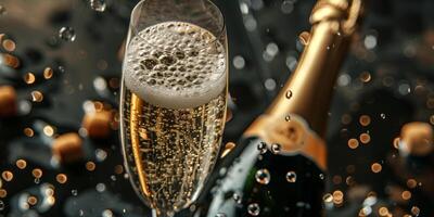 Glass of sparkling wine, with bubbles rising, beside an uncorked bottle, meal photography photo