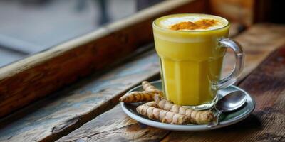 Glass of yellow latte on saucer with turmeric roots and spoon, food setting photo