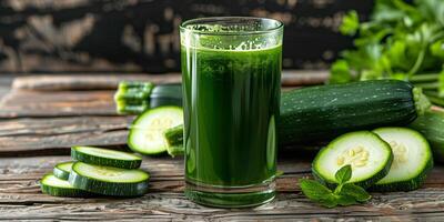Glass of zucchini juice positioned on a rustic table, with zucchini slices and whole zucchinis nearby, food setting photo