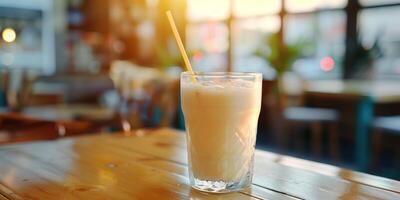 Glass with a straw filled with a yogurt drink, placed on a wooden dining table, meal photography photo