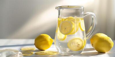 Glass pitcher of lemon-infused water with lemon slices floating, set against a minimalist background, food setting photo