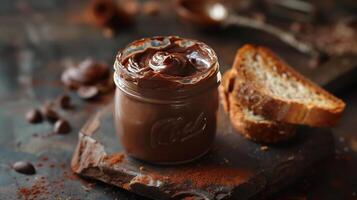 Jar of cocoa spread with lid removed, sitting next to toasted bread, meal photography photo
