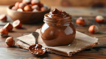 Jar of hazelnut spread on kitchen counter with spoon and napkin beside it, food setting photo