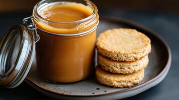 Jar of dulce de leche with lid open next to a stack of plain biscuits on a plate, food setting photo