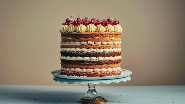 Multi-layered cake with even layers of cake and filling, resting on a round stand, food setting photo