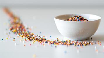 Neat line of nonpareils scattered on a white table, extending from a small dish, food setting photo