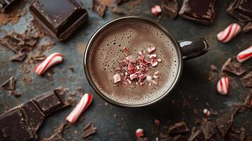 Mug of hot liquid surrounded by crushed peppermint candy and dark chocolate pieces, meal photography photo