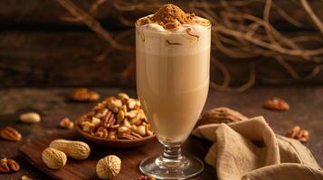 Nut-infused drink in a tall glass, featuring a few whole nuts beside the base, food setting photo