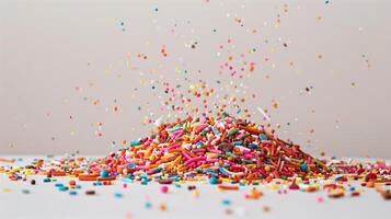 Pile of various sprinkles spilled over a plain, neutral-colored surface, food setting photo