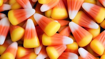 Pile of candy corn pieces, neatly stacked to display the distinctive color gradient of each candy, meal photography photo