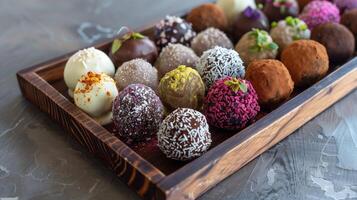 Wooden tray with assorted round truffles, different coatings and garnishes, neatly arranged, food setting photo