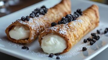 An arrangement of cannoli on a white plate, showcasing the crispy shell and smooth filling, meal photography photo
