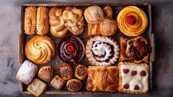 An assorted tray displaying various pastries, each with different shapes and fillings, meal photography photo