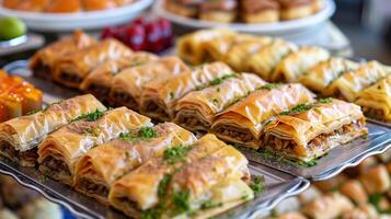 Assortment of baklava on a platter, featuring thin pastry layers and nut filling, food setting photo