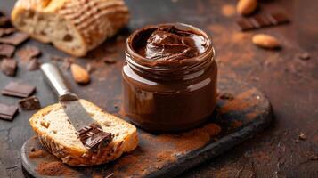 An opened jar of chocolate spread with a metal knife placed next to a piece of bread, meal photography photo