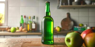 Apple cider in a green glass bottle, standing upright on a kitchen counter, with a plain backdrop, food setting photo