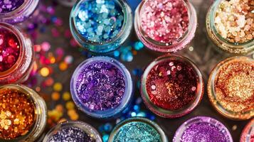 Overhead view of small jars with different colors of edible glitter, meal photography photo